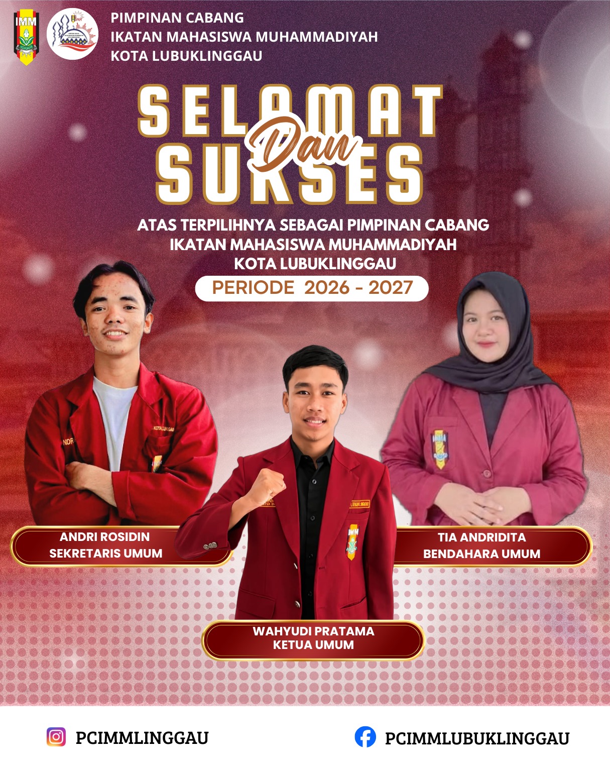Poster ucapan selamat pengurus baru PC IMM Kota Lubuklinggau periode 2026–2027 dengan Wahyudi Pratama sebagai ketua umum.